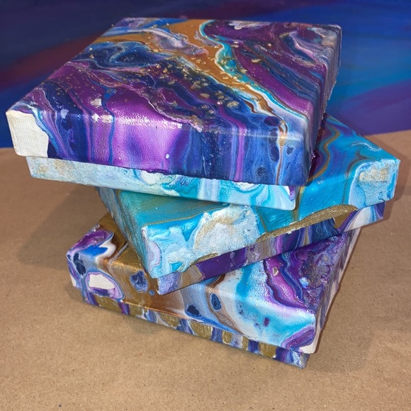 3 fluid art hand painted 3.5” square gift boxes with padding - Picture 1 of 4